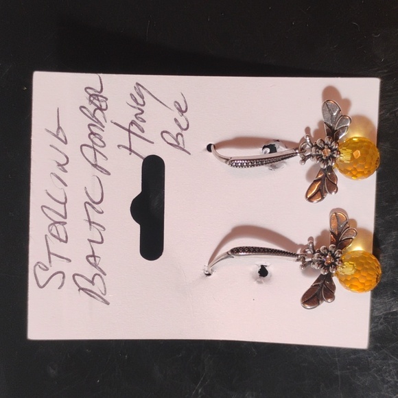Sterling Silver Baltic Amber Bee Drop Earrings.  - Picture 5 of 5